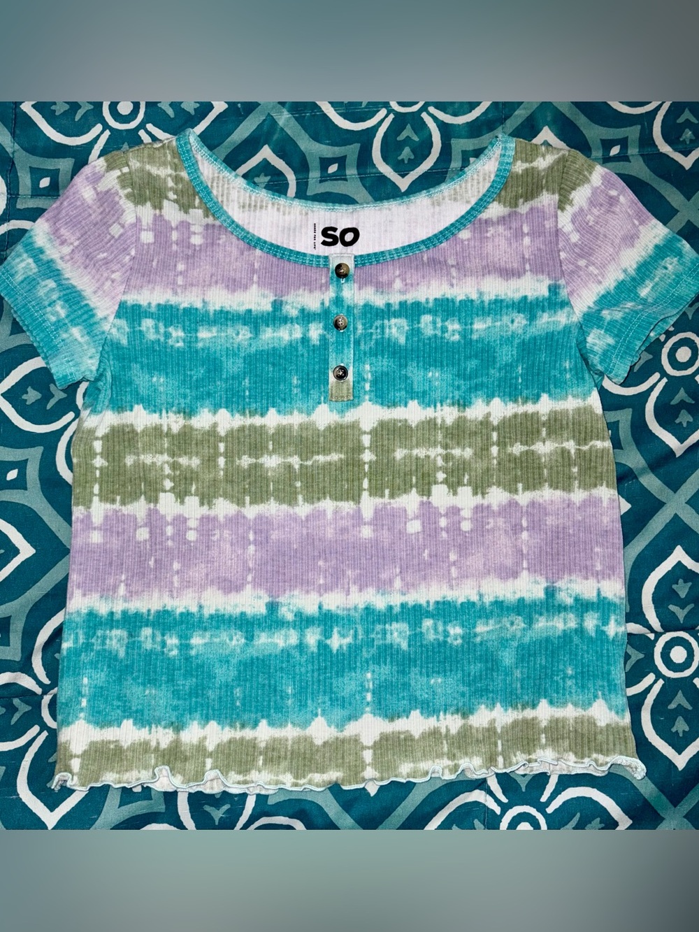 Girls SO Teal Green Blue Striped Short Sleeve Henley Top.